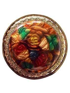 Vintage Reverse Carved Lucite Brooch Gold Tone Floral Pin 1950s New Old Stock